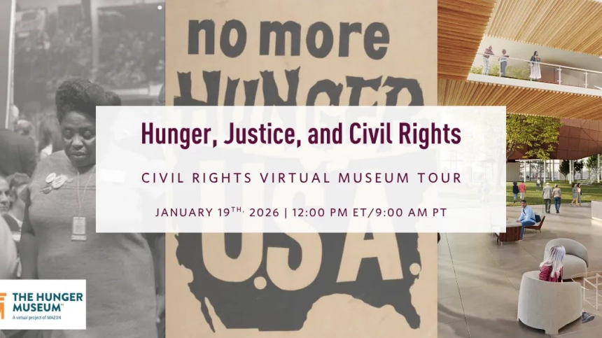 A collage of three images side-by-side. On the left is a black and white photo of a black woman who wears political buttons and looks toward the ground. In the middle is graphical text that reads 'no more hunger usa' and on the right is a photo of an open-air atrium in a modern day office space. An overlay in the center of the graphic reads 'hunger